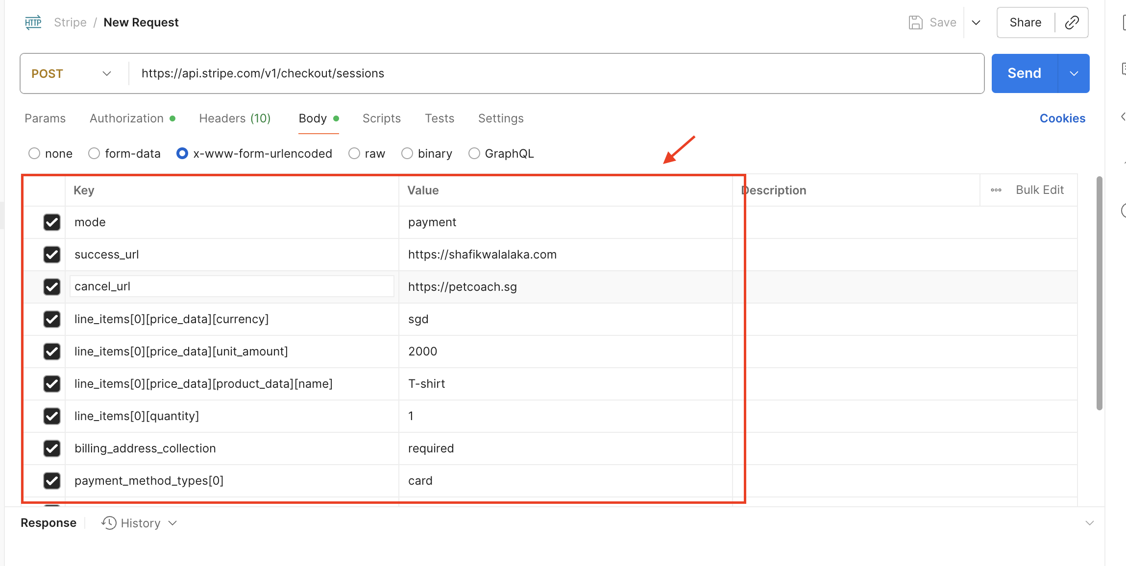 image of key value pair in postman
